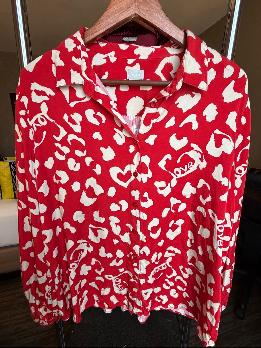 Chico’s Size 3 US 16/18 Red White Love Heart Print Button Front Shirt 100% Modal